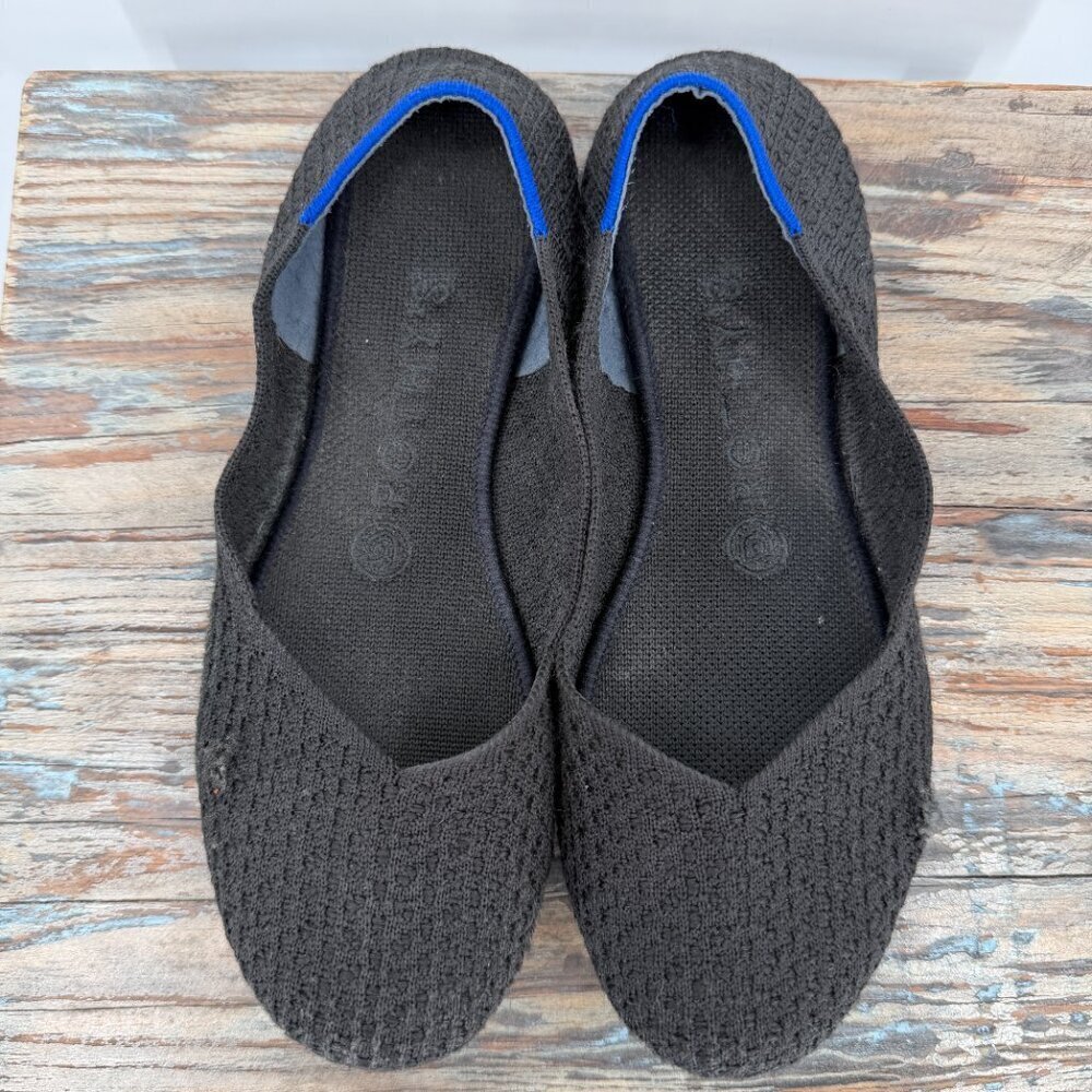 Rothy's The Flat Black Knit Round Toe Flats Blue Trim Washable Shoes W 7.5